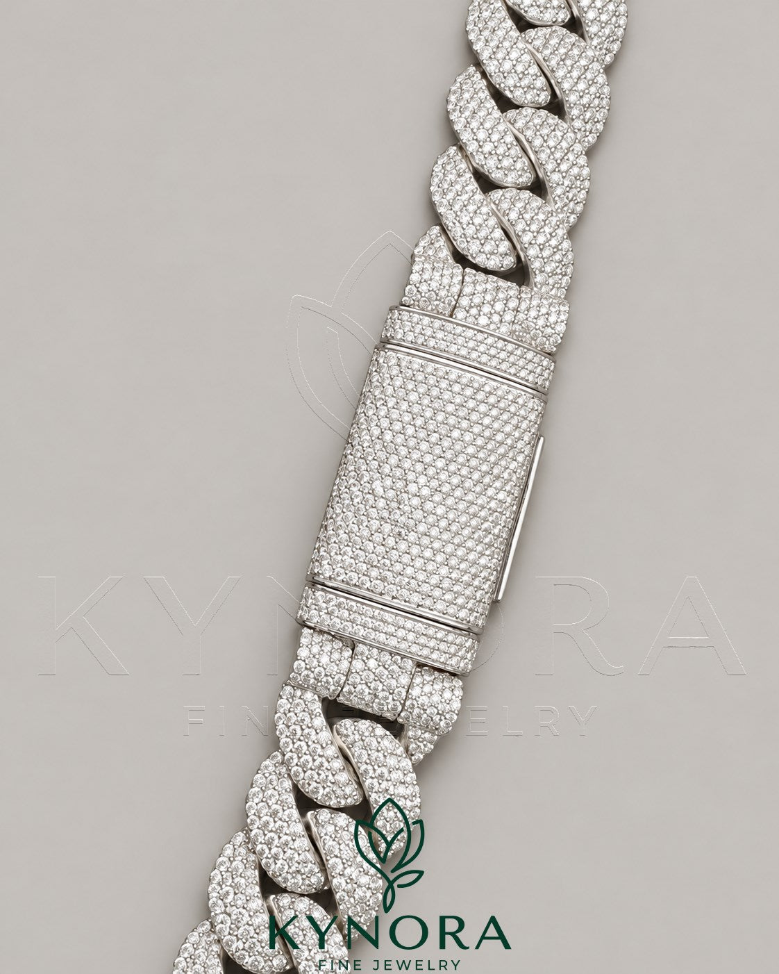 Sterling silver 20mm VVS1 moissanite Cuban link chain from Kynora Jewels, featuring a bold hip-hop chain design.