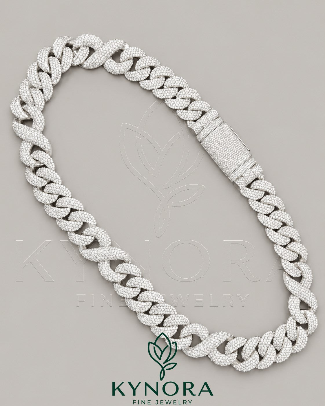20mm VVS1 moissanite Cuban link chain in sterling silver, hip-hop style jewelry with a shiny, intricate chain design.