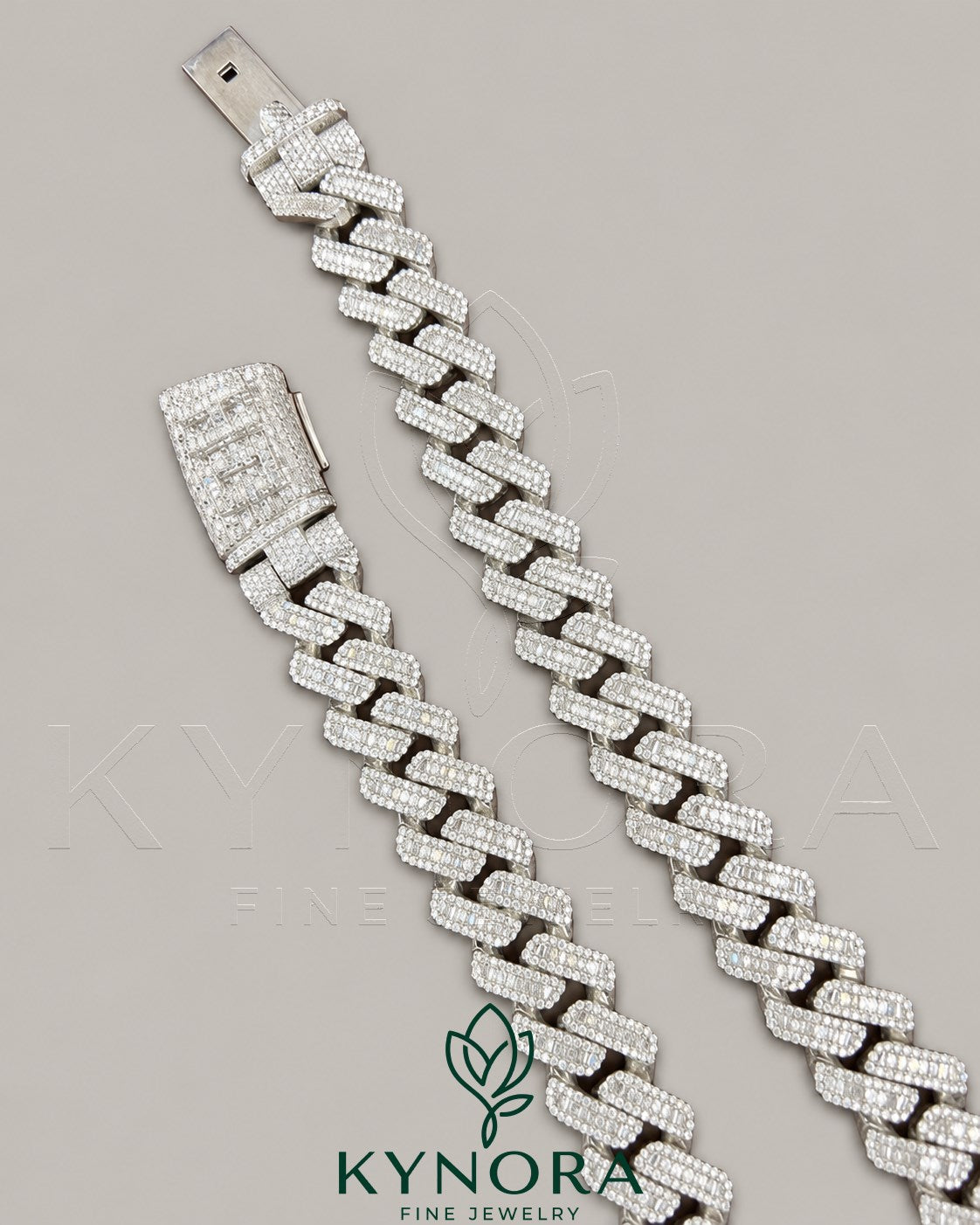 20mm VVS1 Moissanite diamond Cuban link chain in 925 silver, hip-hop style jewelry from Kynora Jewels.