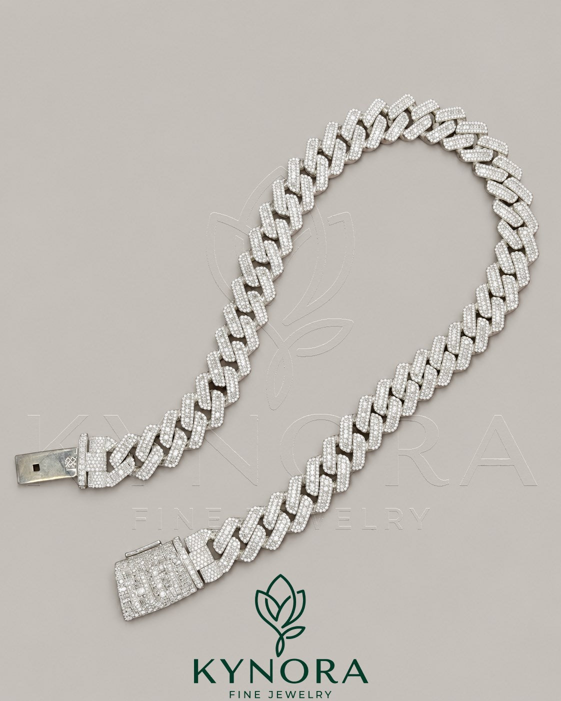 20mm VVS1 moissanite diamond silver Cuban link chain by Kynora Jewels, hip-hop style jewelry with bold, sparkling design.