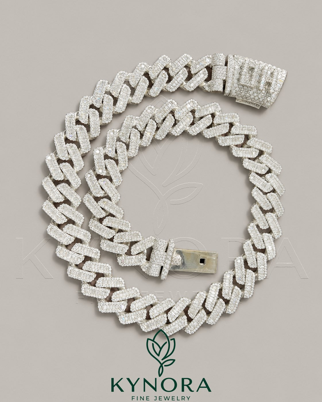 20mm VVS1 moissanite diamond silver Cuban link chain by Kynora Jewels, showcasing the bold, shiny hiphop jewelry design.