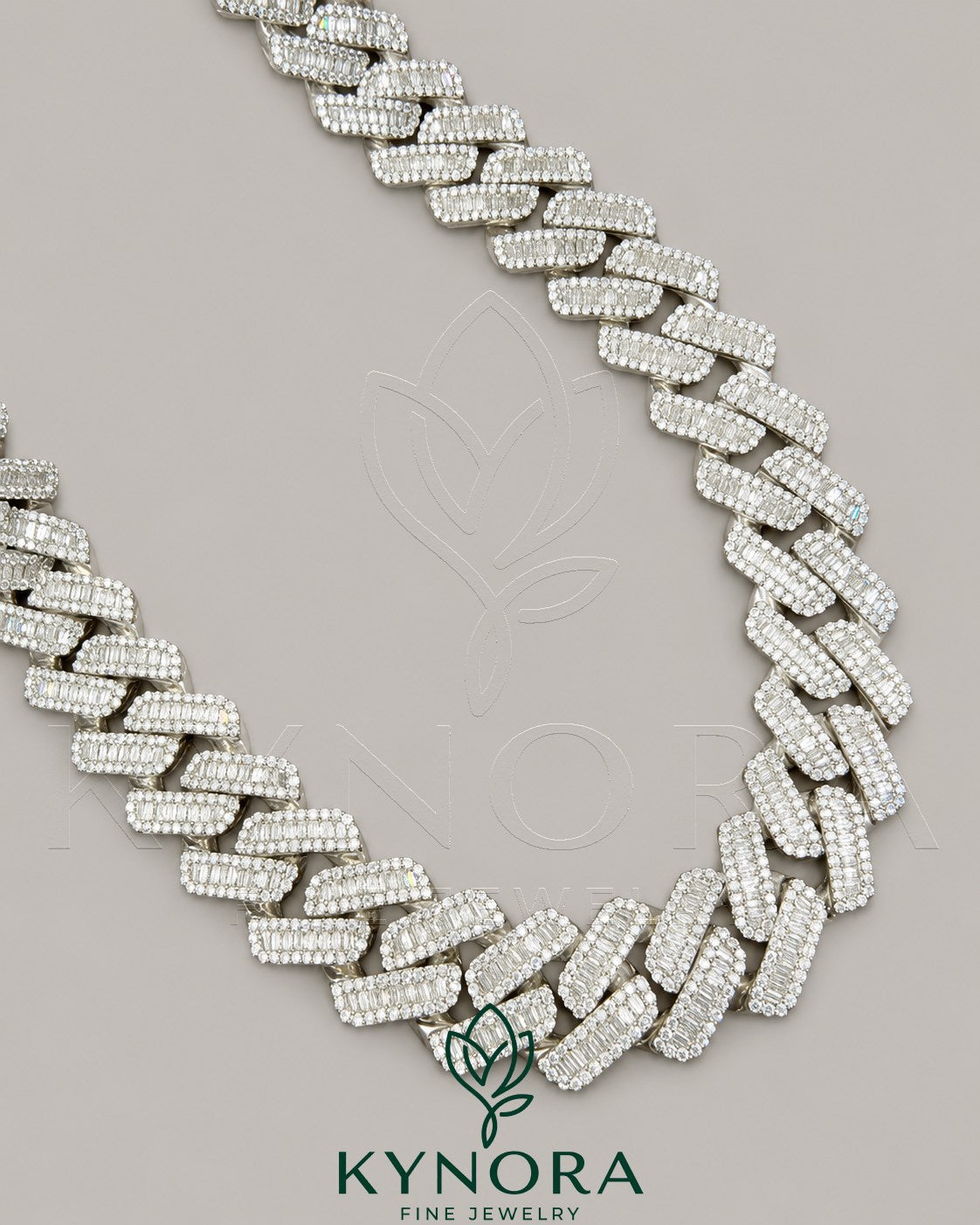 20mm VVS1 Moissanite diamond silver Cuban link chain, hip-hop jewelry by Kynora Jewels, featuring shiny, intricate silver links.