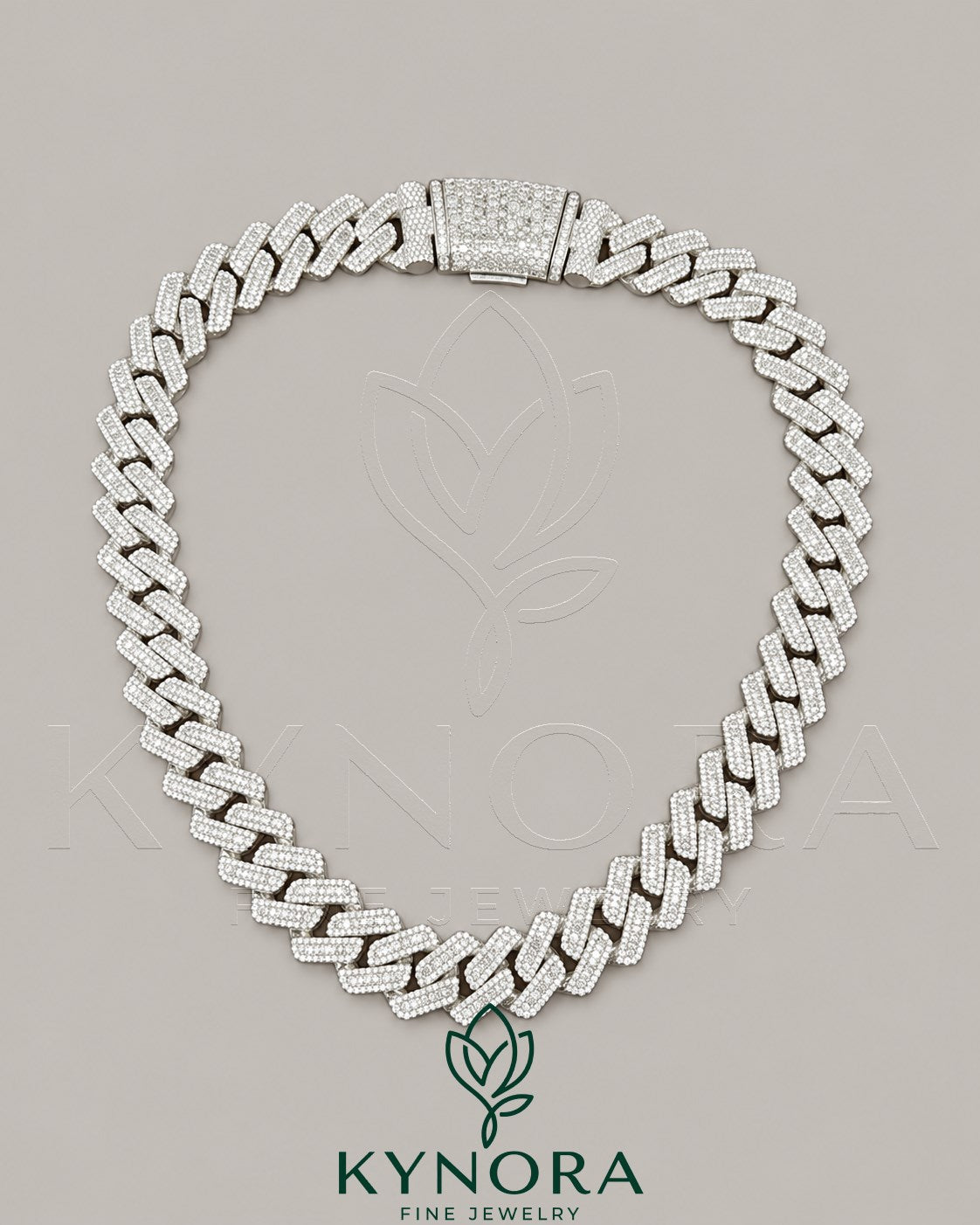 20mm VVS1 Moissanite diamond Cuban link chain in 925 silver, hip-hop style jewelry by Kynora Jewels.