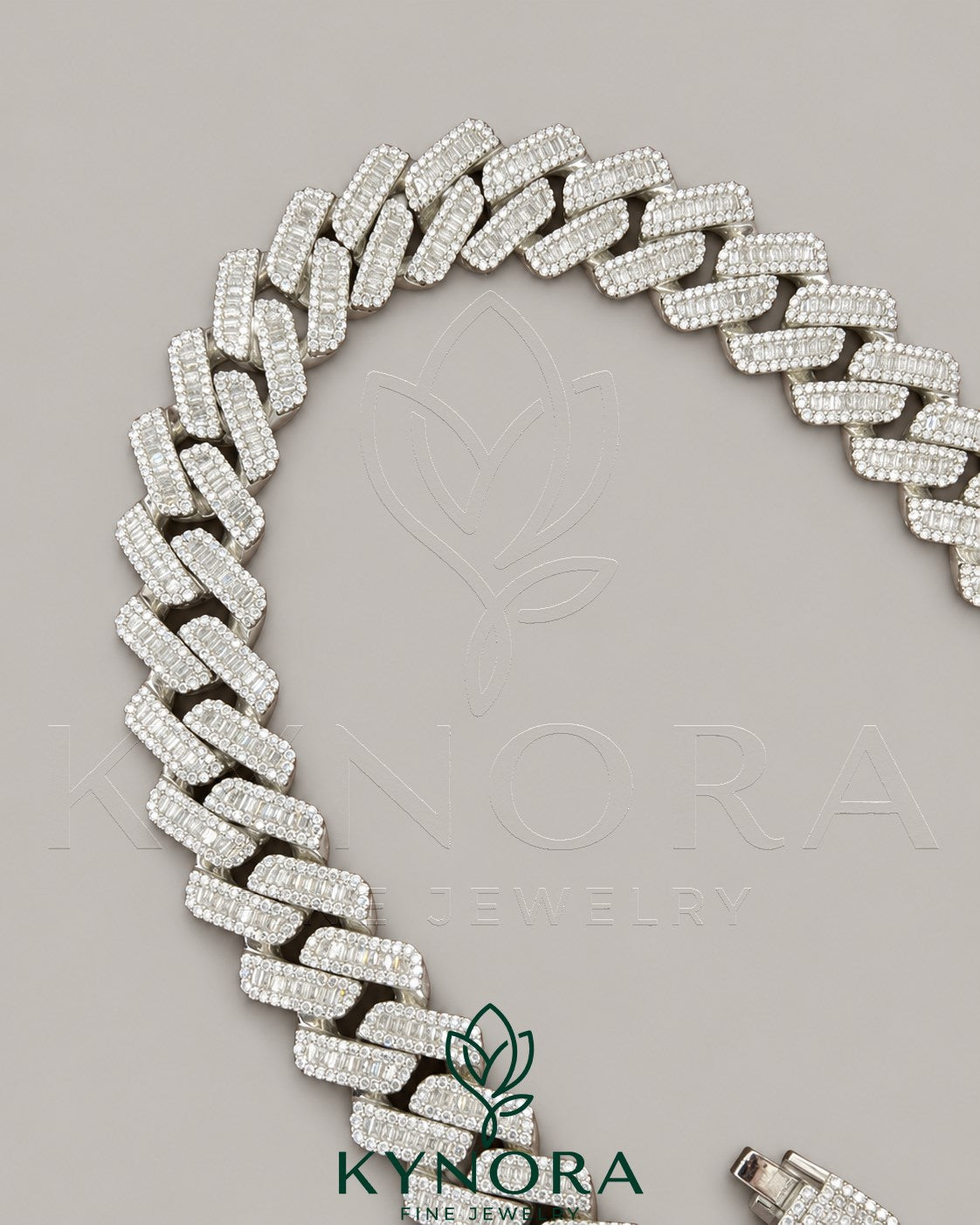 20mm VVS1 Moissanite diamond Cuban link chain in silver, hip hop style, by Kynora Jewels, showcasing the sparkling chain's detailed links.