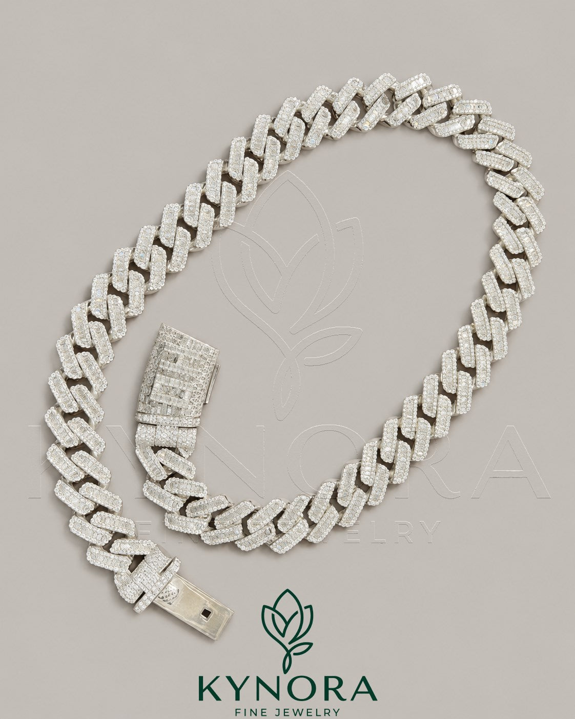 20mm VVS1 Moissanite diamond Cuban link chain in 925 silver, hip-hop jewelry by Kynora Jewels featuring a bold, luxurious design.