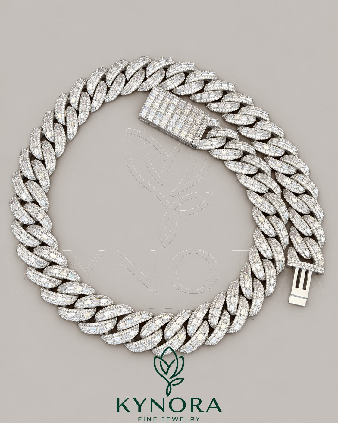 22mm VVS1 Moissanite sterling silver Cuban link chain, hip-hop style jewelry by Kynora Jewels with sparkling diamond-like stones. Main image