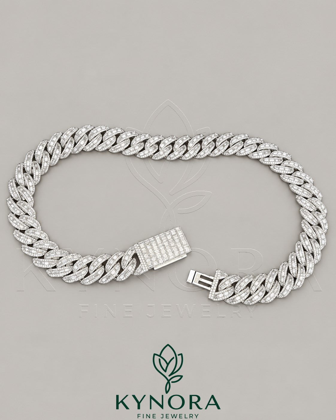 22mm VVS1 Moissanite diamond sterling silver Cuban link chain by Kynora Jewels, showcasing a bold and sparkling hip-hop jewelry design.