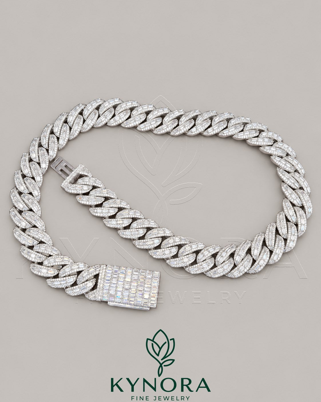 22mm VVS1 Moissanite diamond sterling silver Cuban link chain by Kynora Jewels, showcasing a bold, shiny hip-hop jewelry style.