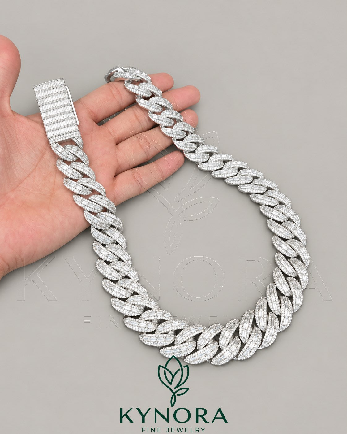 22mm VVS1 Moissanite diamond sterling silver Cuban link chain by Kynora Jewels, showcasing a bold, shiny hip-hop jewelry style.