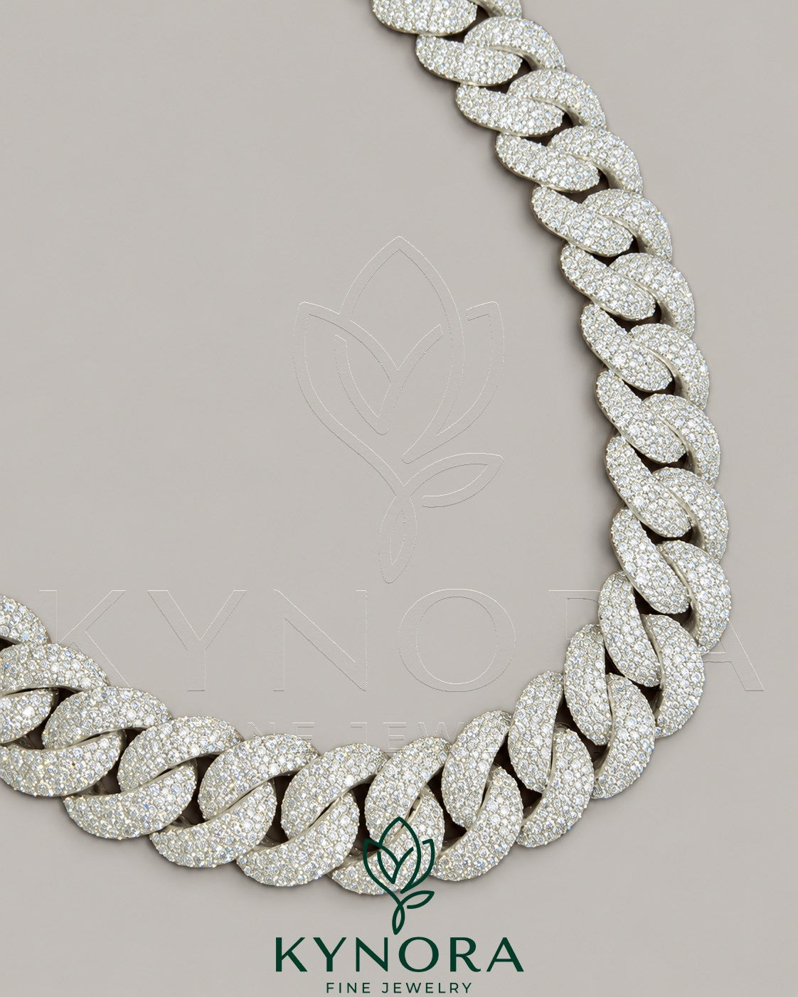 Sterling silver 23mm Moissanite diamond Miami Cuban link chain from Kynora Jewels, showcasing a bold hip-hop jewelry style.