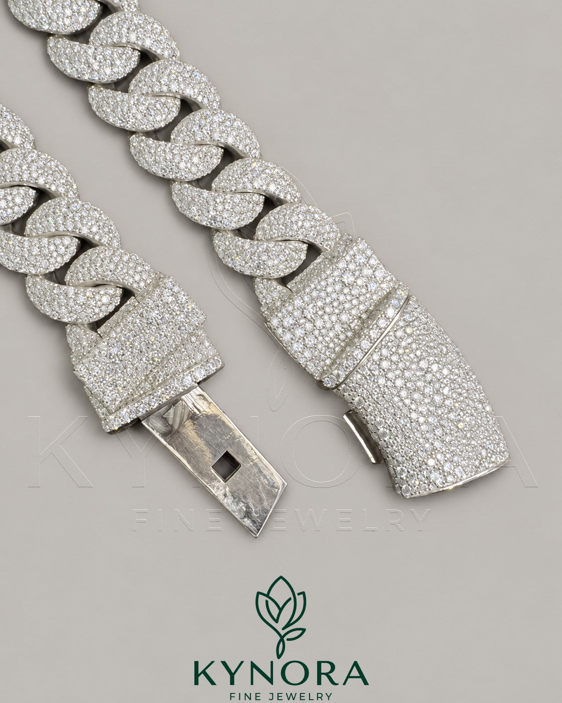 23mm Moissanite diamond sterling silver Miami Cuban link chain by Kynora Jewels, hiphop style jewelry with bold, shiny links.