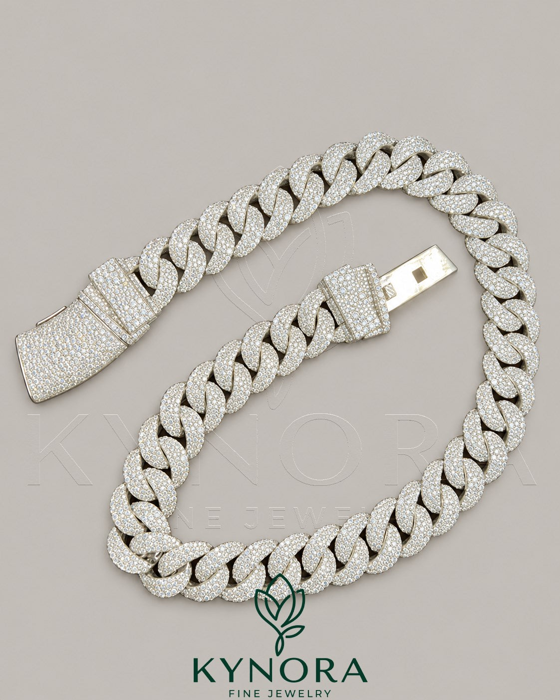 Sterling silver Miami Cuban link chain with 23mm moissanite diamonds, stylish hip-hop jewelry by Kynora Jewels.