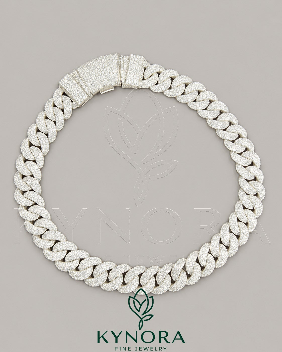 23mm moissanite diamond sterling silver Miami Cuban link chain, hip-hop jewelry by Kynora Jewels with bold, intricate design.