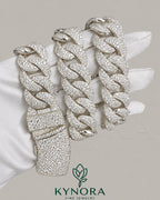 Sterling silver 23mm Moissanite diamond Miami Cuban link chain from Kynora Jewels, showcasing a thick, shiny hip-hop jewelry style.