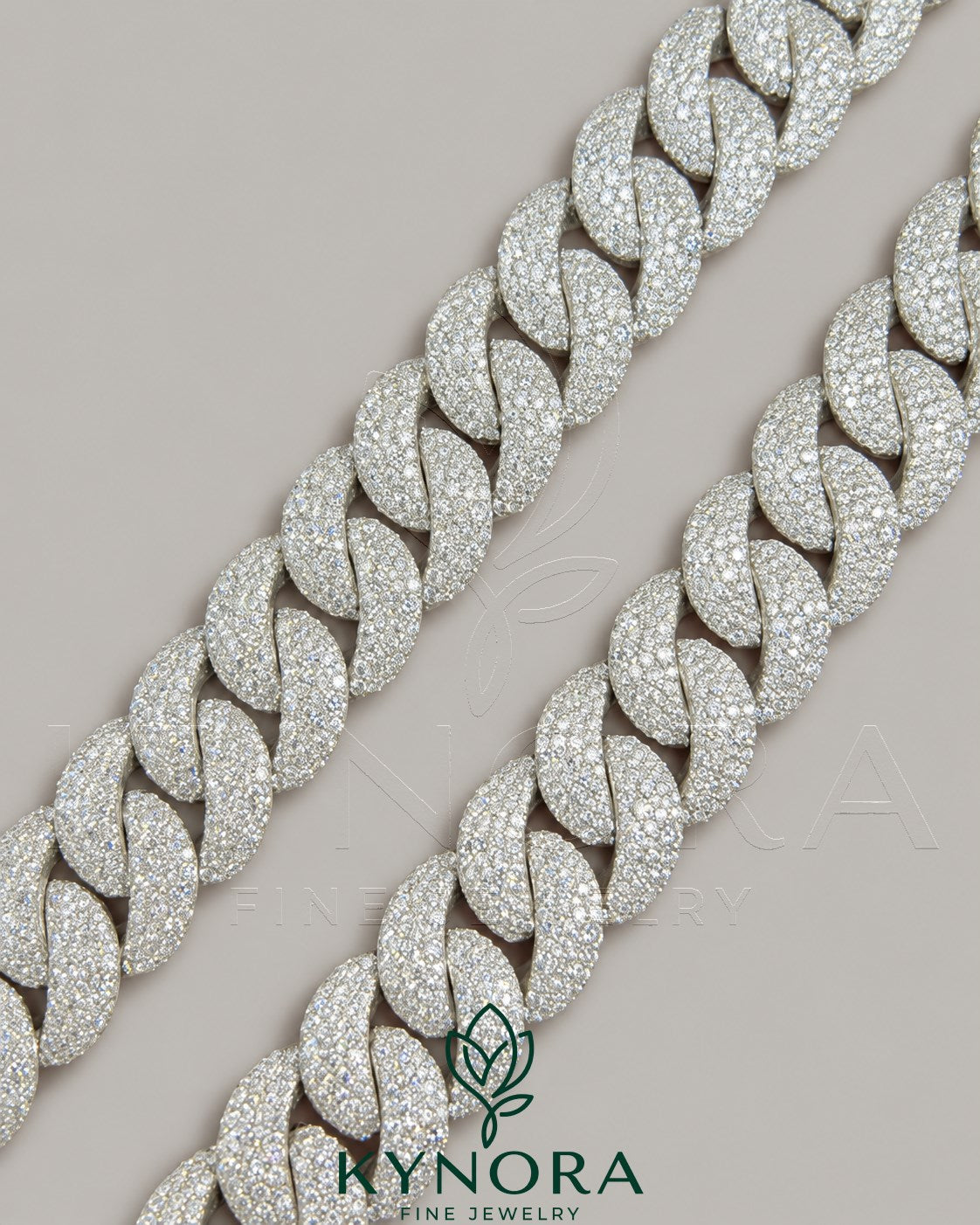 23mm Moissanite diamond sterling silver Miami Cuban link chain by Kynora Jewels, featuring bold, sparkling hiphop jewelry design.