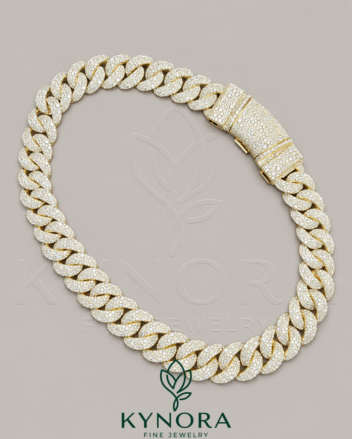 Sterling silver Miami Cuban link chain with 23mm VVS1 Moissanite diamond from Kynora Jewels, showcasing its bold, sparkling design.