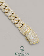 Sterling silver Miami Cuban link chain featuring 23mm VVS1 Moissanite diamond hip-hop style necklace from Kynora Jewels