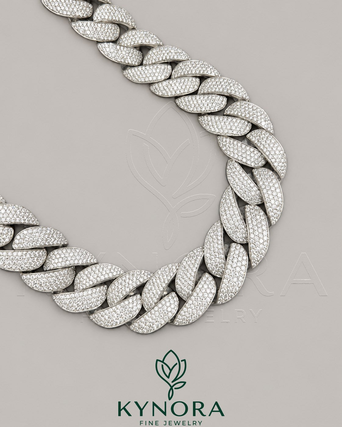 Kynora Jewels 24mm lab diamond Miami Cuban link chain in 925 sterling silver, hiphop style, 18-inch length with moissanite accents.
