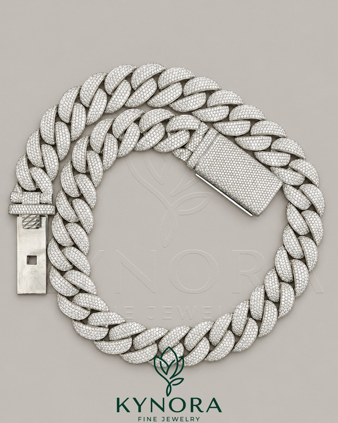 Kynora Jewels 24mm lab diamond Miami Cuban link chain in 925 sterling silver, hiphop chain style, 18-inch length.
