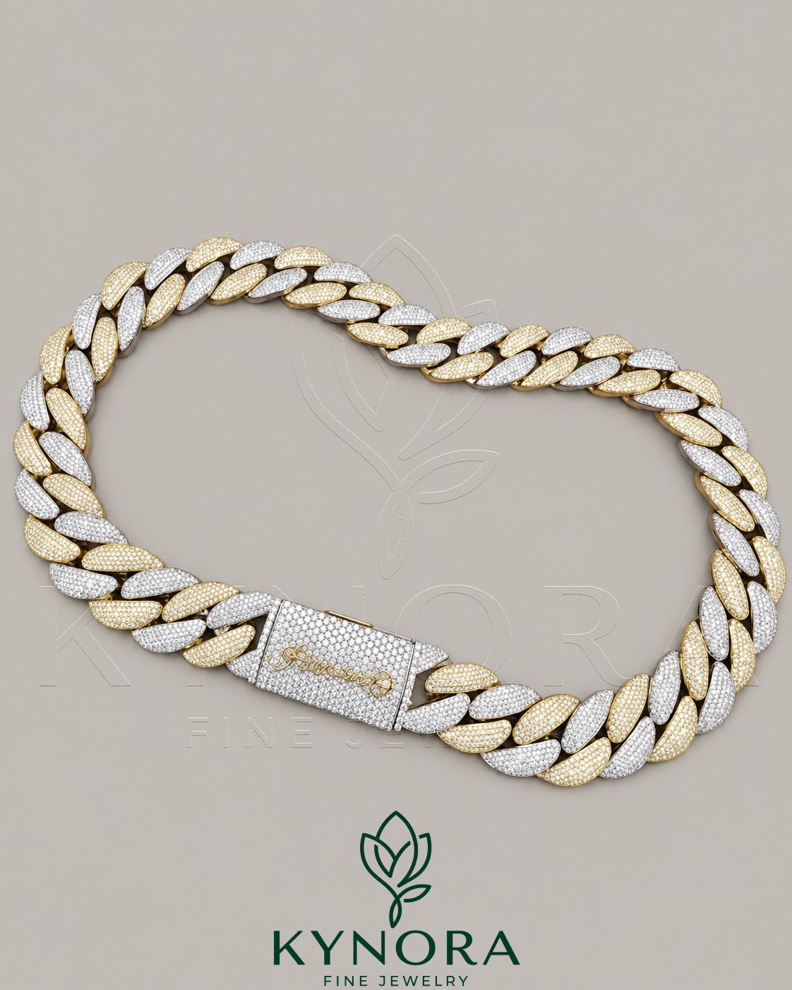 Sterling silver gold-plated Cuban link chain with 24mm VVS1 moissanite diamonds, hip-hop jewelry style by Kynora Jewels