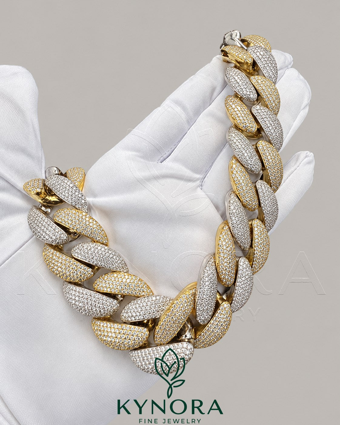 24mm VVS1 Moissanite diamond sterling silver gold-plated Cuban link chain by Kynora Jewels, featuring bold, shiny hip-hop jewelry style.