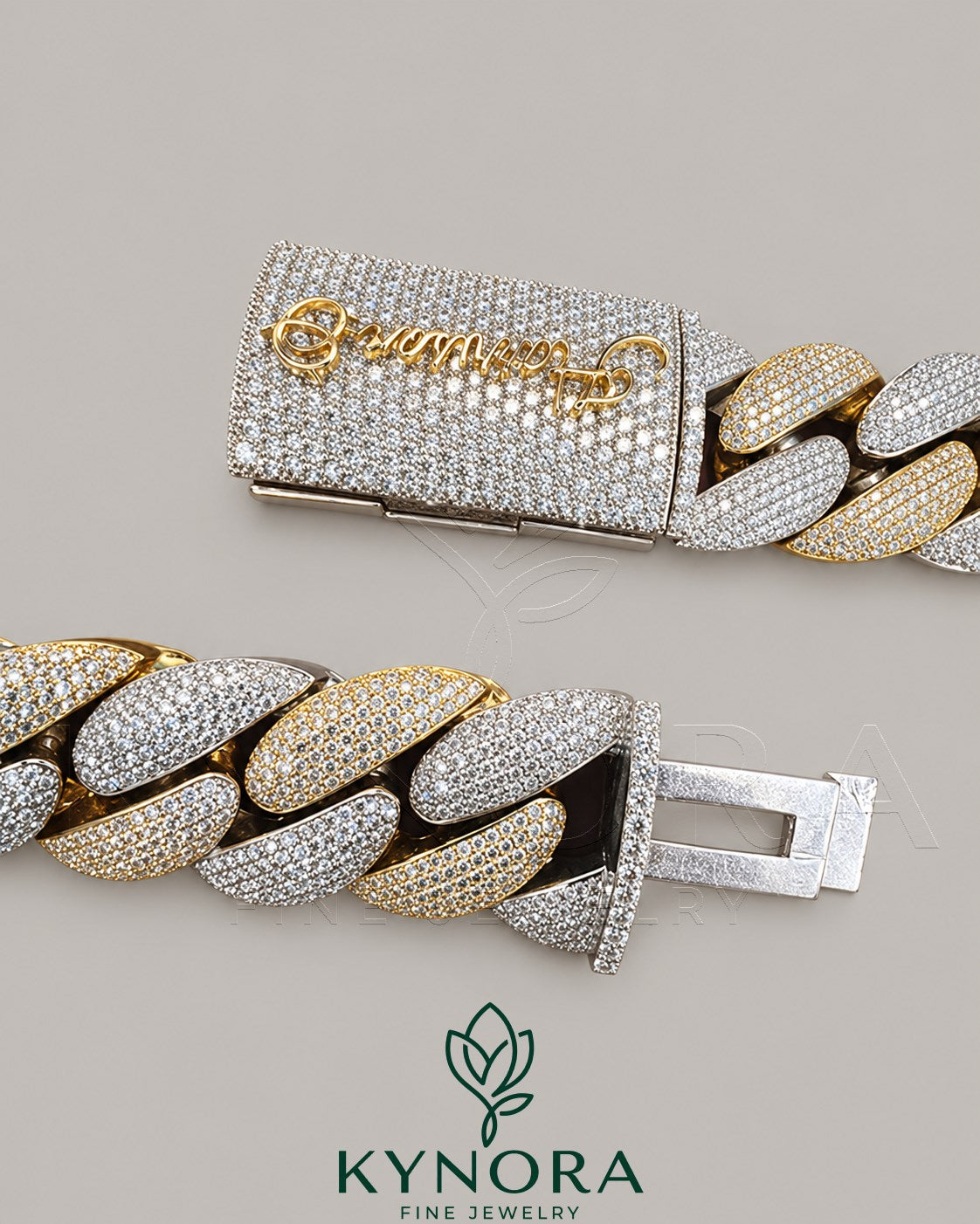 Sterling silver gold-plated Cuban link chain with 24mm VVS1 moissanite diamond, hip-hop style jewelry by Kynora Jewels