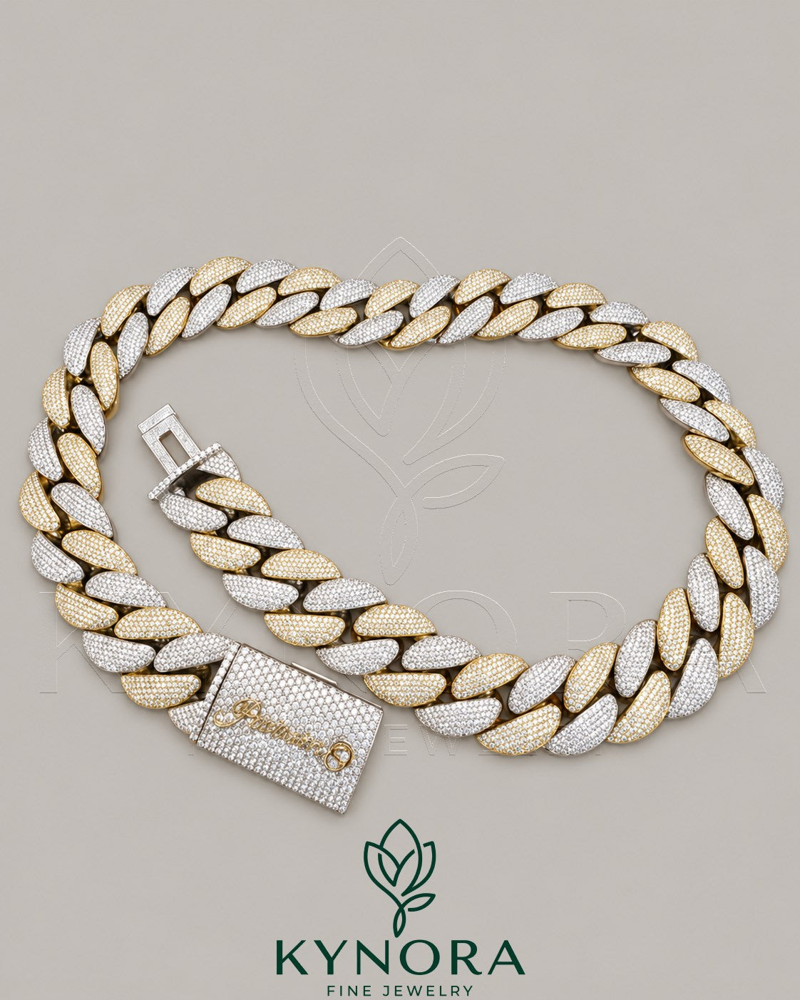 Sterling silver gold plated Cuban link chain with 24mm VVS1 moissanite diamond hip-hop style jewelry by Kynora Jewels