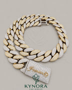 Sterling silver gold plated Cuban link chain with 24mm VVS1 moissanite diamonds, hip-hop jewelry style by Kynora Jewels