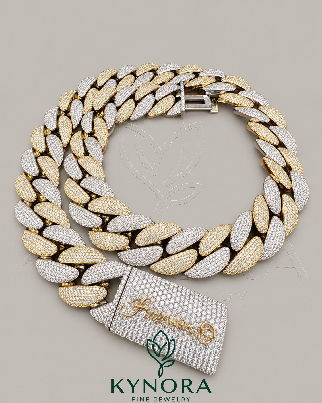 Sterling silver gold plated Cuban link chain with 24mm VVS1 moissanite diamonds, hip-hop jewelry style by Kynora Jewels