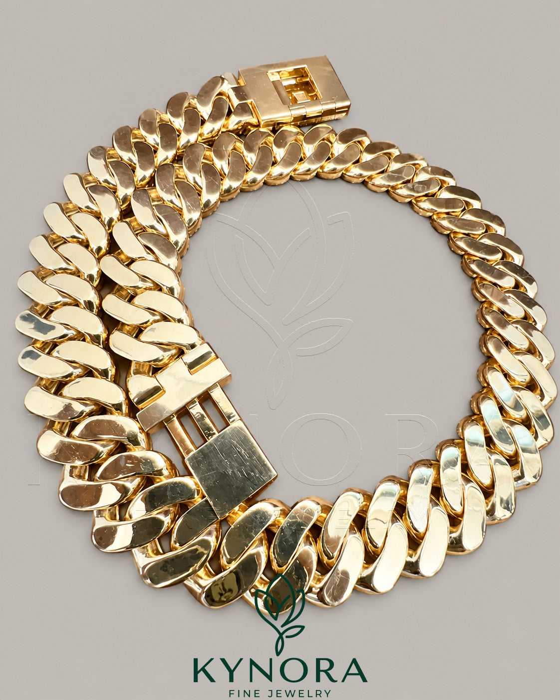 24mm VVS1 Moissanite diamond Miami Cuban link chain in yellow gold and sterling silver, hiphop chain by Kynora Jewels.
