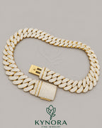 24mm VVS1 moissanite Miami Cuban link chain in yellow gold and sterling silver, featuring bold, intricate hip-hop jewelry design