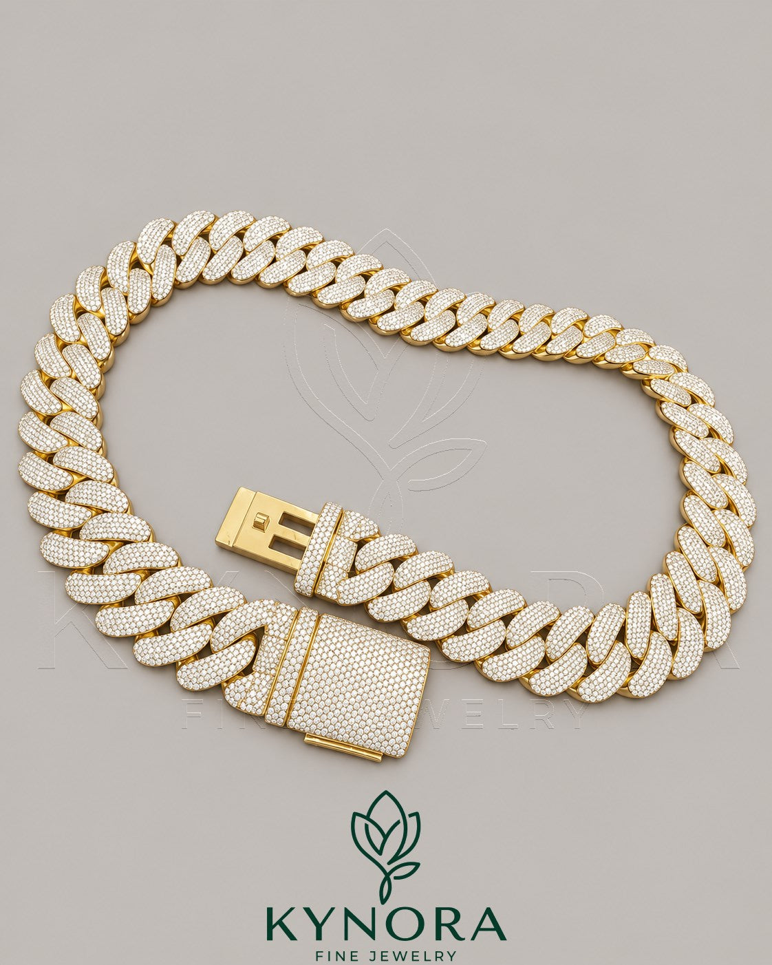 24mm VVS1 moissanite Miami Cuban link chain in yellow gold and sterling silver, featuring bold, intricate hip-hop jewelry design