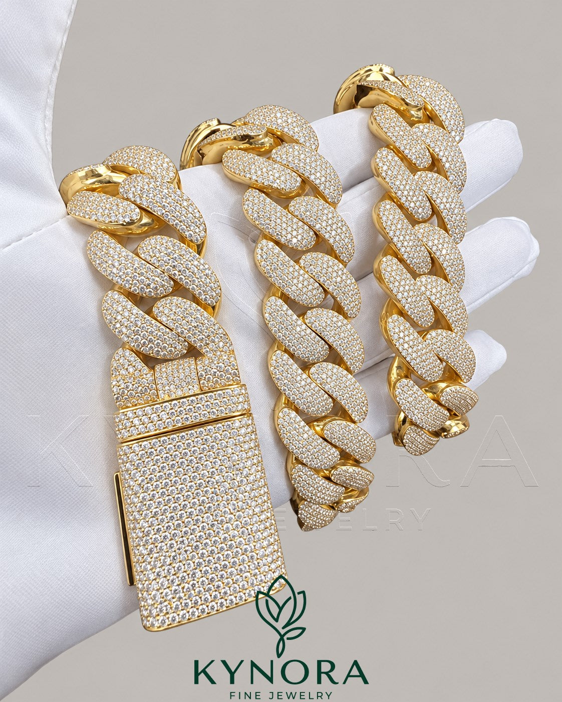 24mm VVS1 Moissanite Miami Cuban link chain in yellow gold and sterling silver, hiphop style jewelry from Kynora Jewels