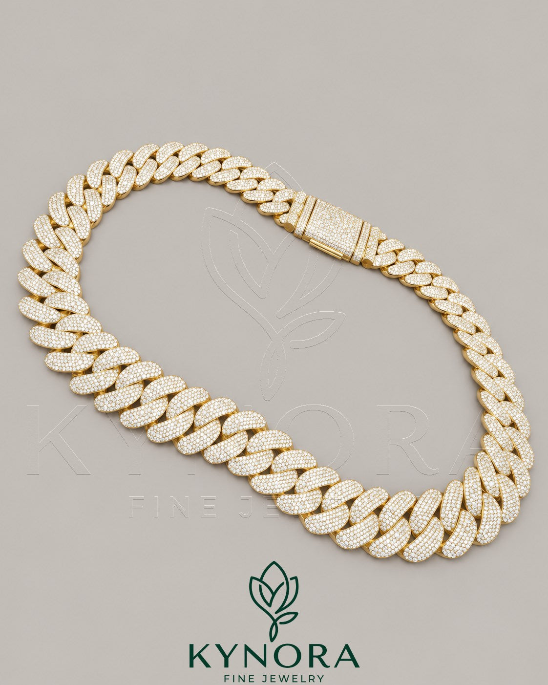 24mm VVS1 Moissanite diamond Miami Cuban link chain in yellow gold and sterling silver, showcasing its thick, shiny hip-hop jewelry design.