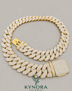 24mm VVS1 Moissanite diamond Miami Cuban link chain in yellow gold and sterling silver by Kynora Jewels, showcasing the bold jewelry design.