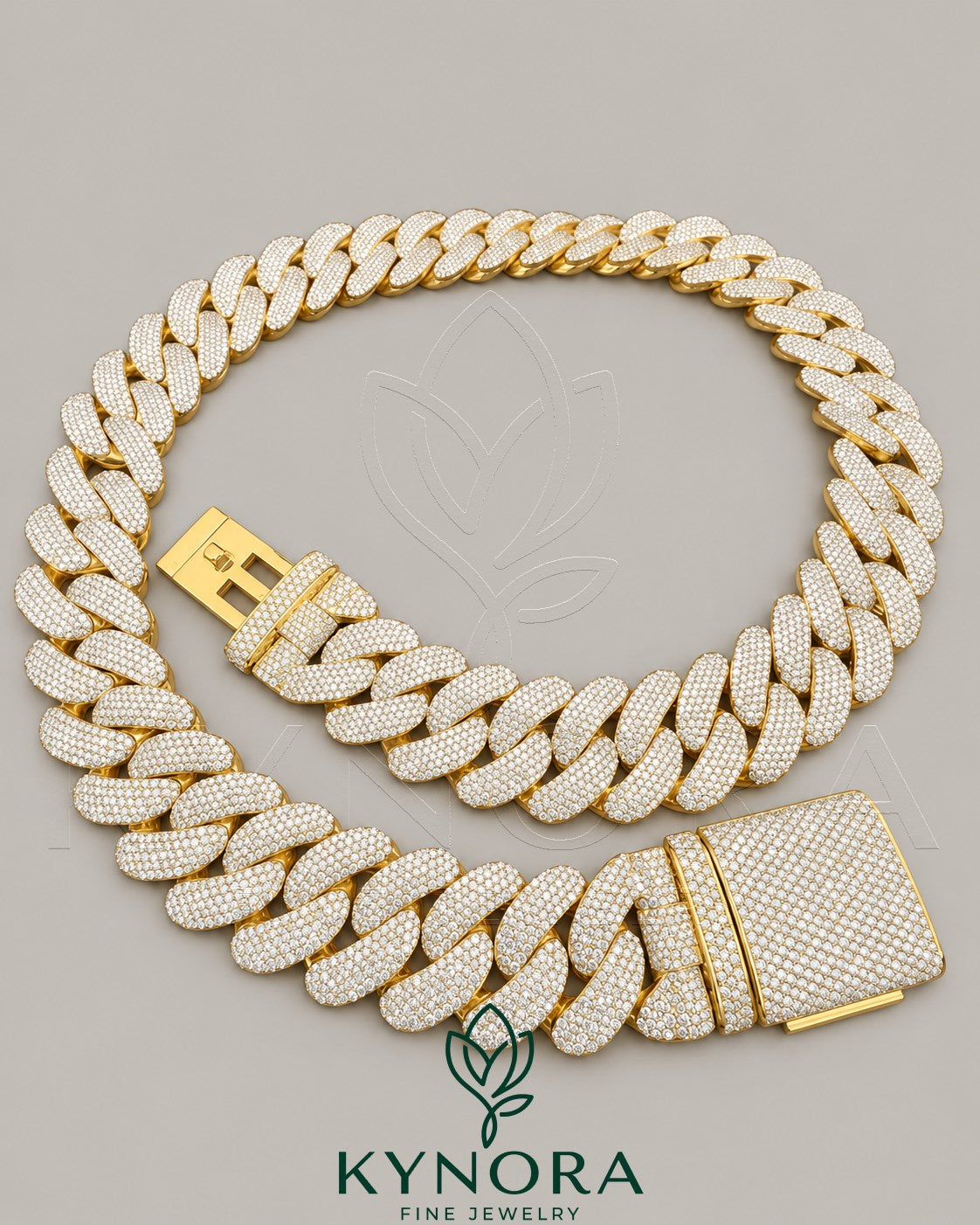 24mm VVS1 Moissanite diamond Miami Cuban link chain in yellow gold and sterling silver by Kynora Jewels, showcasing the bold jewelry design.