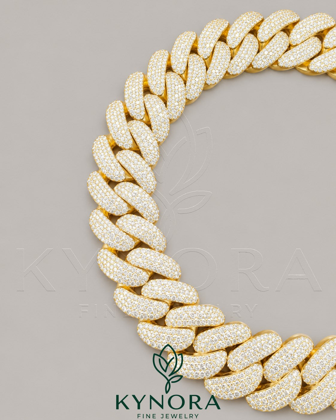 24mm VVS1 Moissanite Miami Cuban Link Chain in yellow gold and sterling silver, stylish hip-hop jewelry from Kynora Jewels