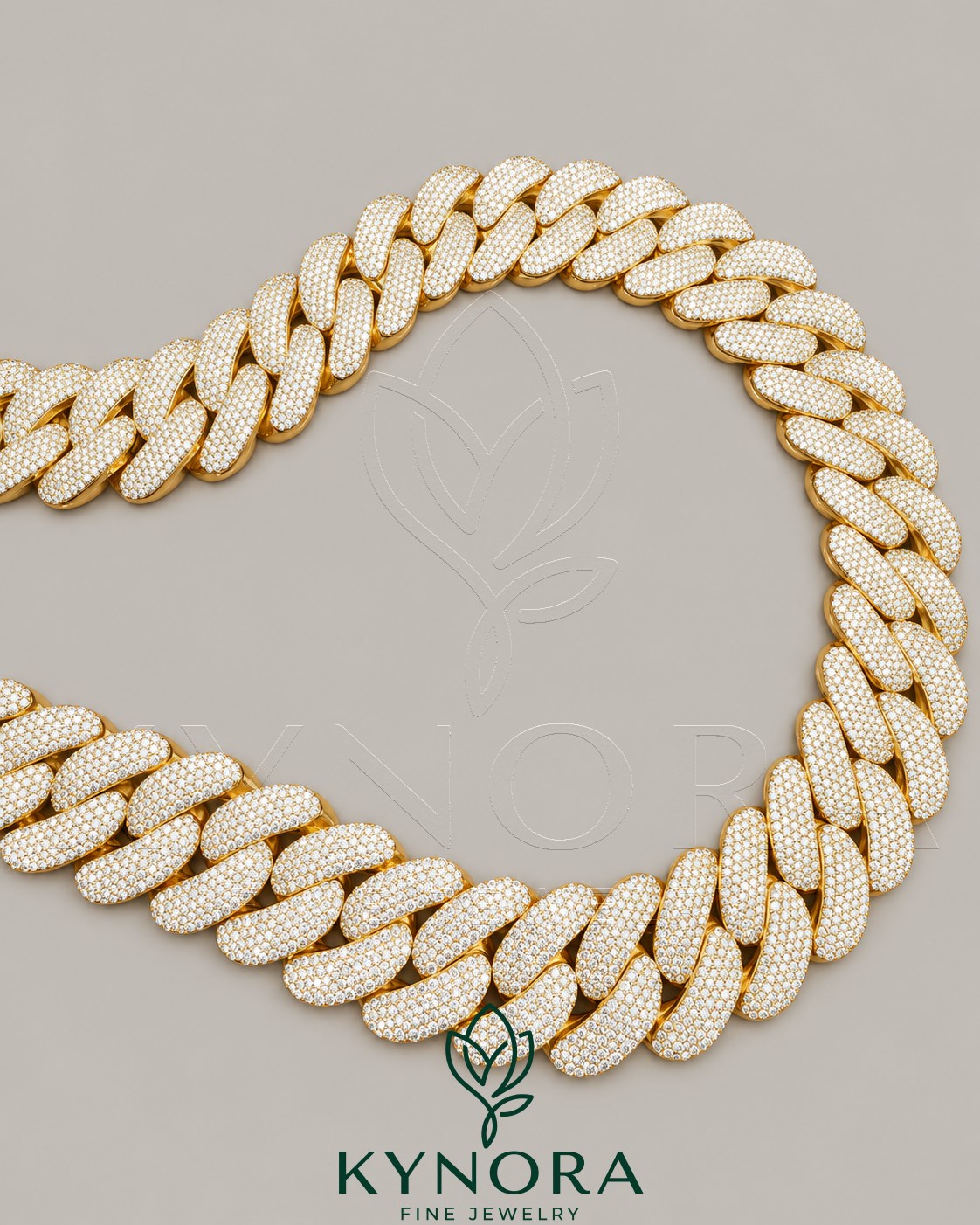 24mm VVS1 moissanite Miami Cuban link chain in yellow gold and sterling silver, hip-hop style jewelry by Kynora Jewels.