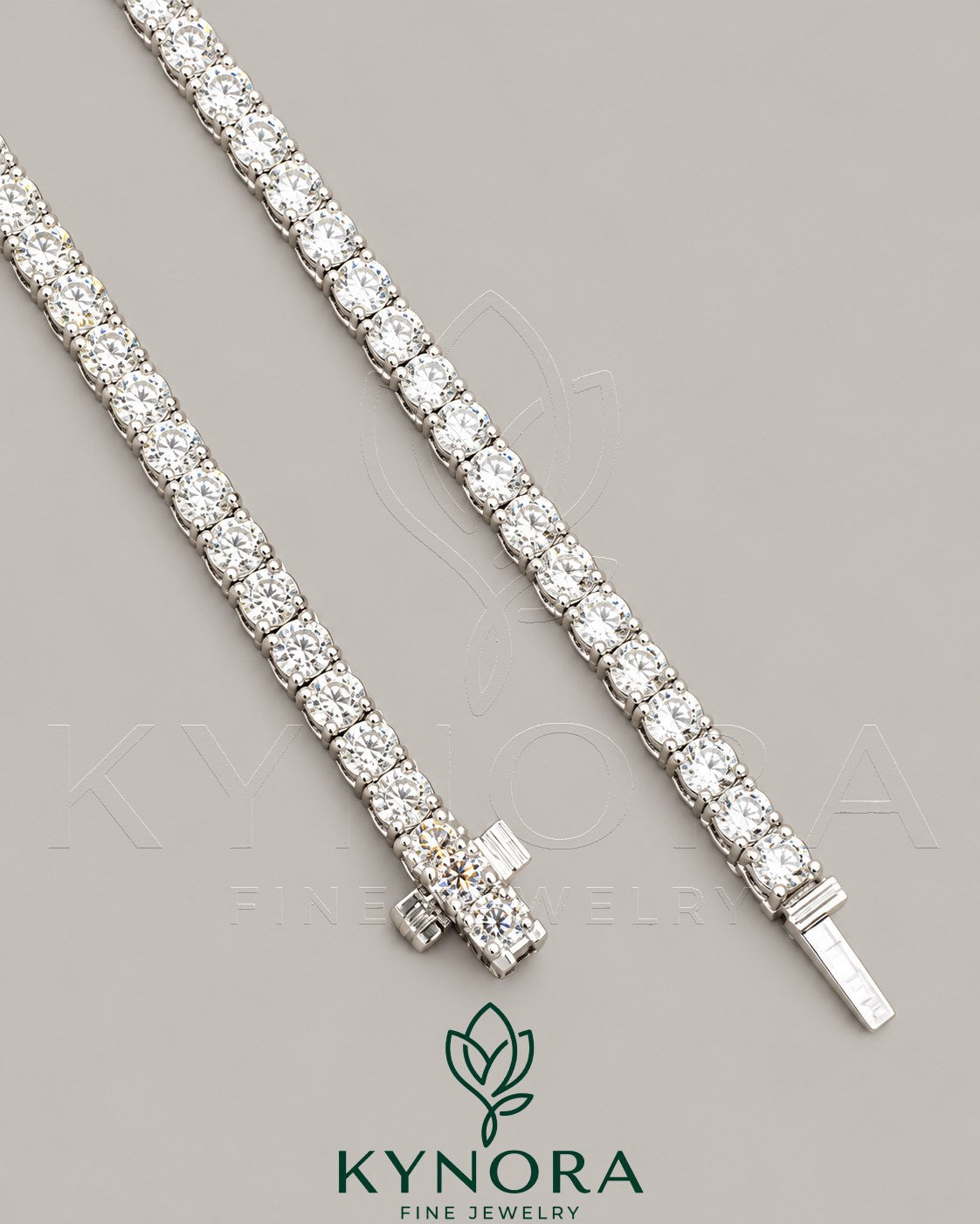 Sterling silver 3mm VVS Moissanite diamond tennis link chain by Kynora Jewels, stylish hip-hop jewelry accessory.