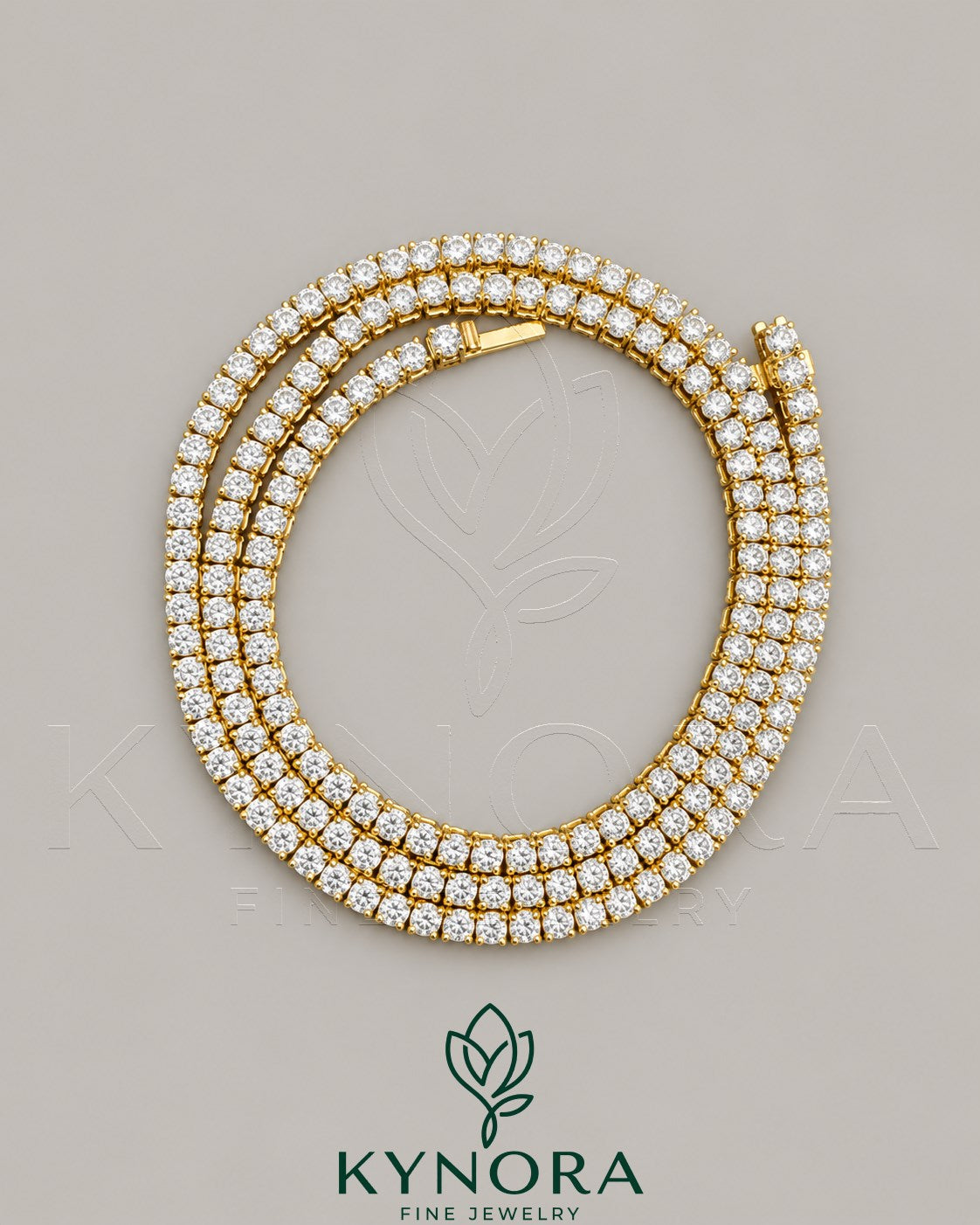 Kynora Jewels 3mm VVS Moissanite diamond yellow gold plating tennis chain, hip-hop jewelry with sparkling stones and gold finish. Imagen principal del producto
