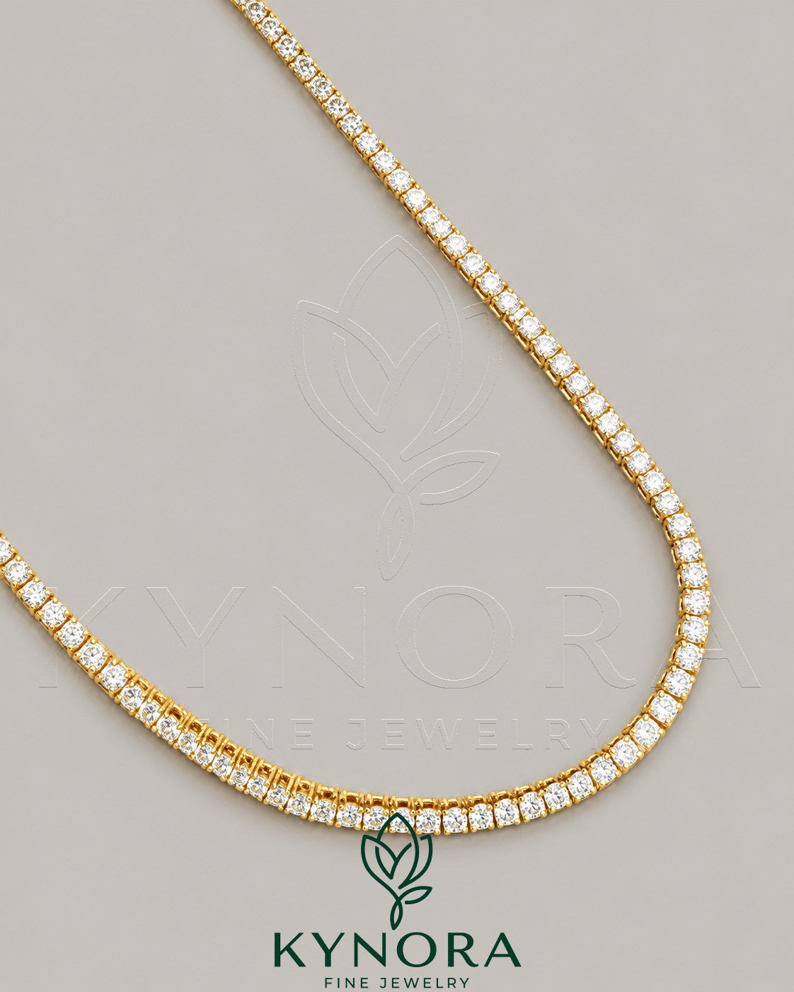 Kynora Jewels 3mm VVS Moissanite diamond yellow gold plating tennis chain, hip-hop jewelry with sparkling stones and detailed links.
