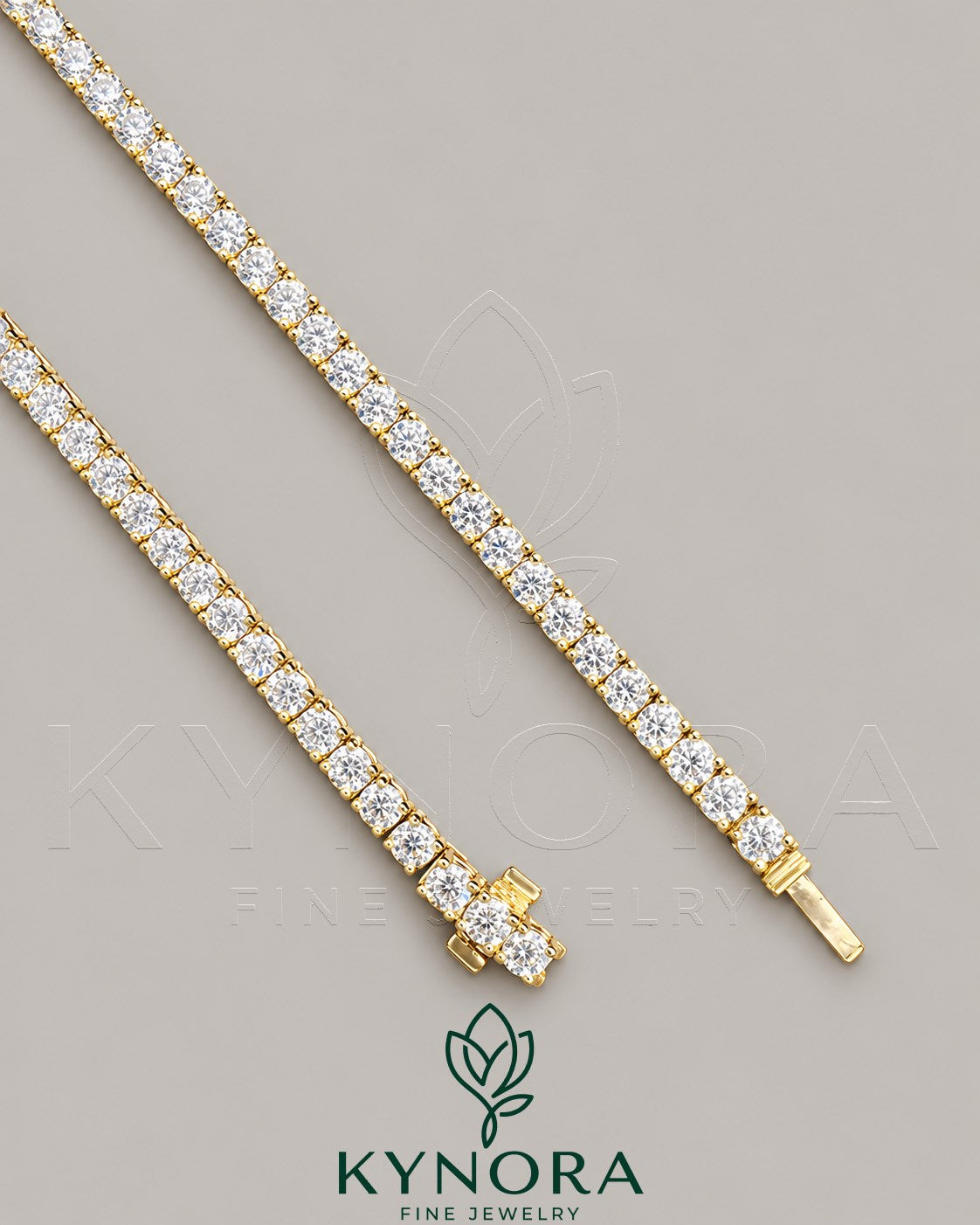 Kynora Jewels 3mm VVS Moissanite diamond yellow gold plating tennis chain, hip-hop style jewelry with sparkling stones.