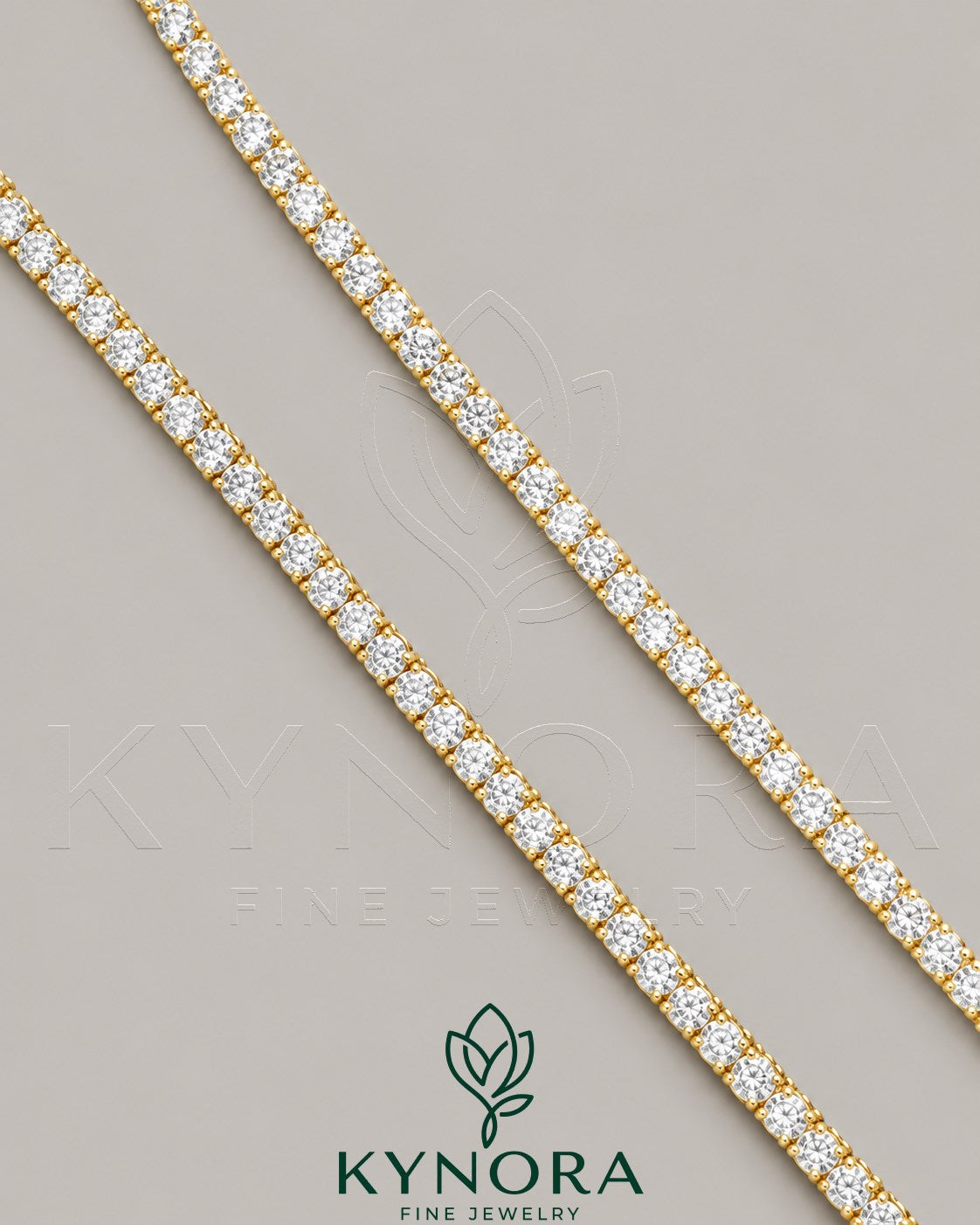 Kynora Jewels 3mm VVS Moissanite diamond yellow gold plating tennis chain, hip-hop style jewelry with sparkling stones and gold finish