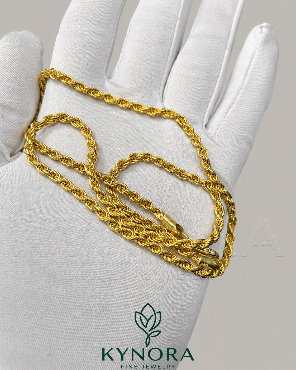 14K yellow gold plated sterling silver vermeil rope chain necklace with a 3mm thick hip hop style chain by Kynora Jewels