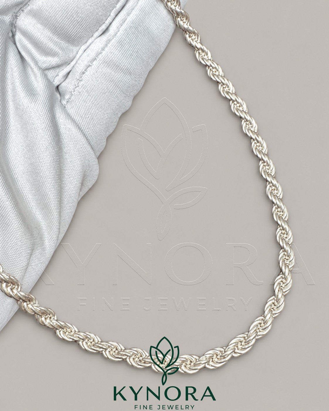 Sterling silver 4mm rope chain hip hop style necklace by Kynora Jewels, featuring intricate twisted rope design.