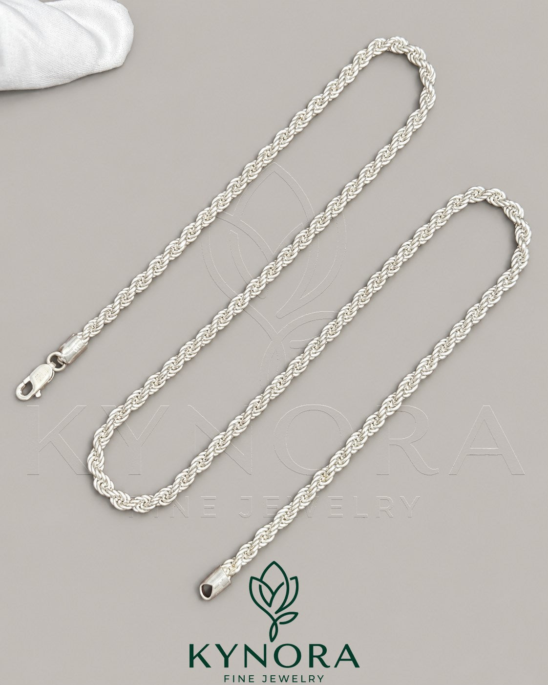 Sterling silver 4mm rope chain hip-hop style necklace by Kynora Jewels, showcasing its thick, textured silver design.