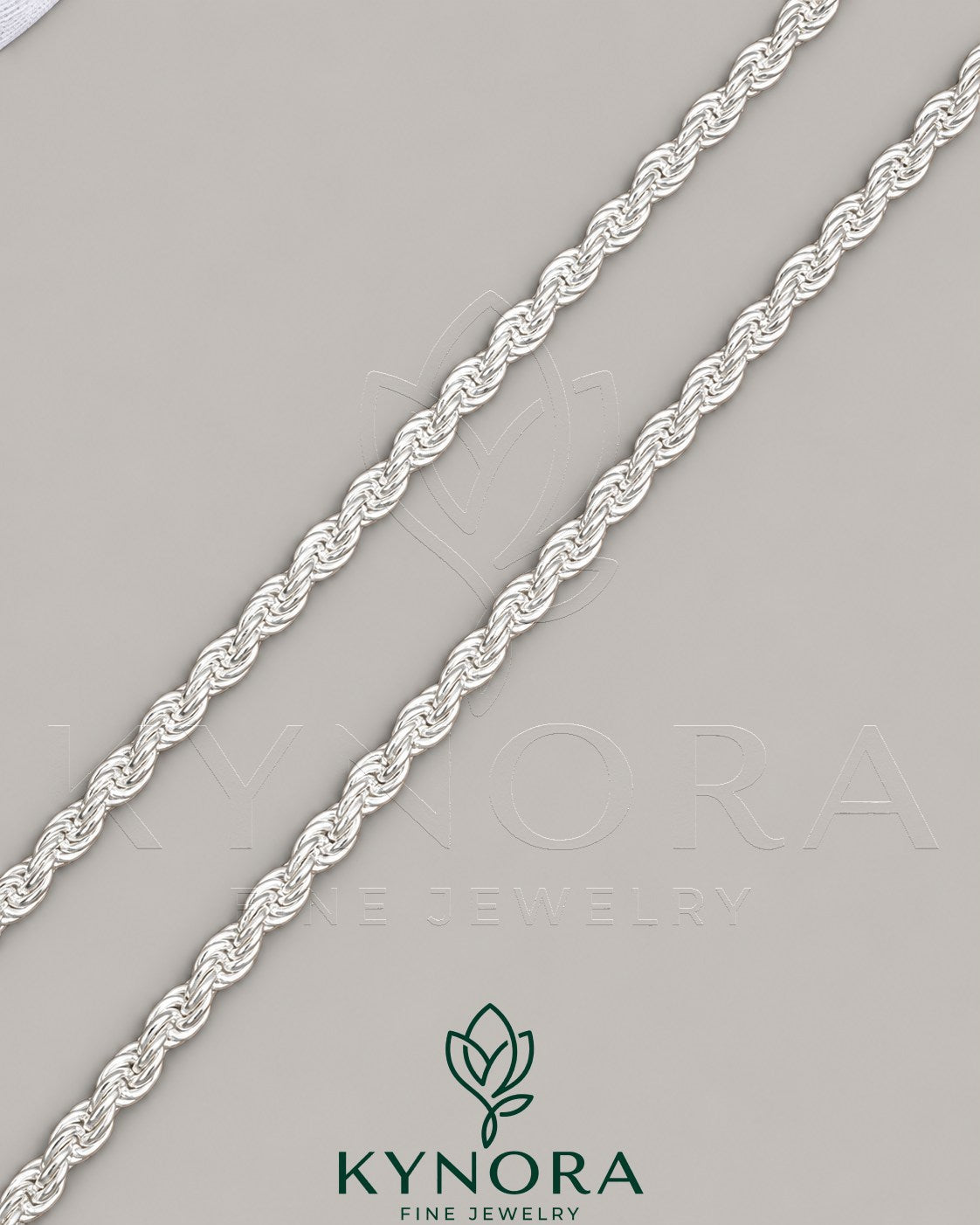 Sterling silver 4mm rope chain hip-hop chain by Kynora Jewels, showcasing a detailed, shiny silver jewelry piece.