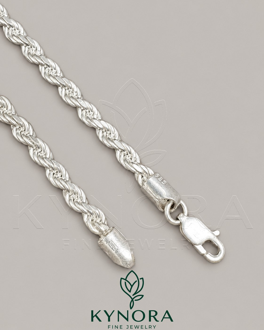 Sterling silver 4mm rope chain hip hop style necklace by Kynora Jewels, showing its detailed twisted rope design and shiny finish.