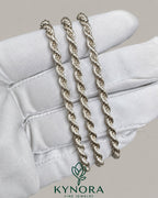 Sterling silver 4mm rope chain hip hop style necklace by Kynora Jewels, featuring detailed twisted silver design.