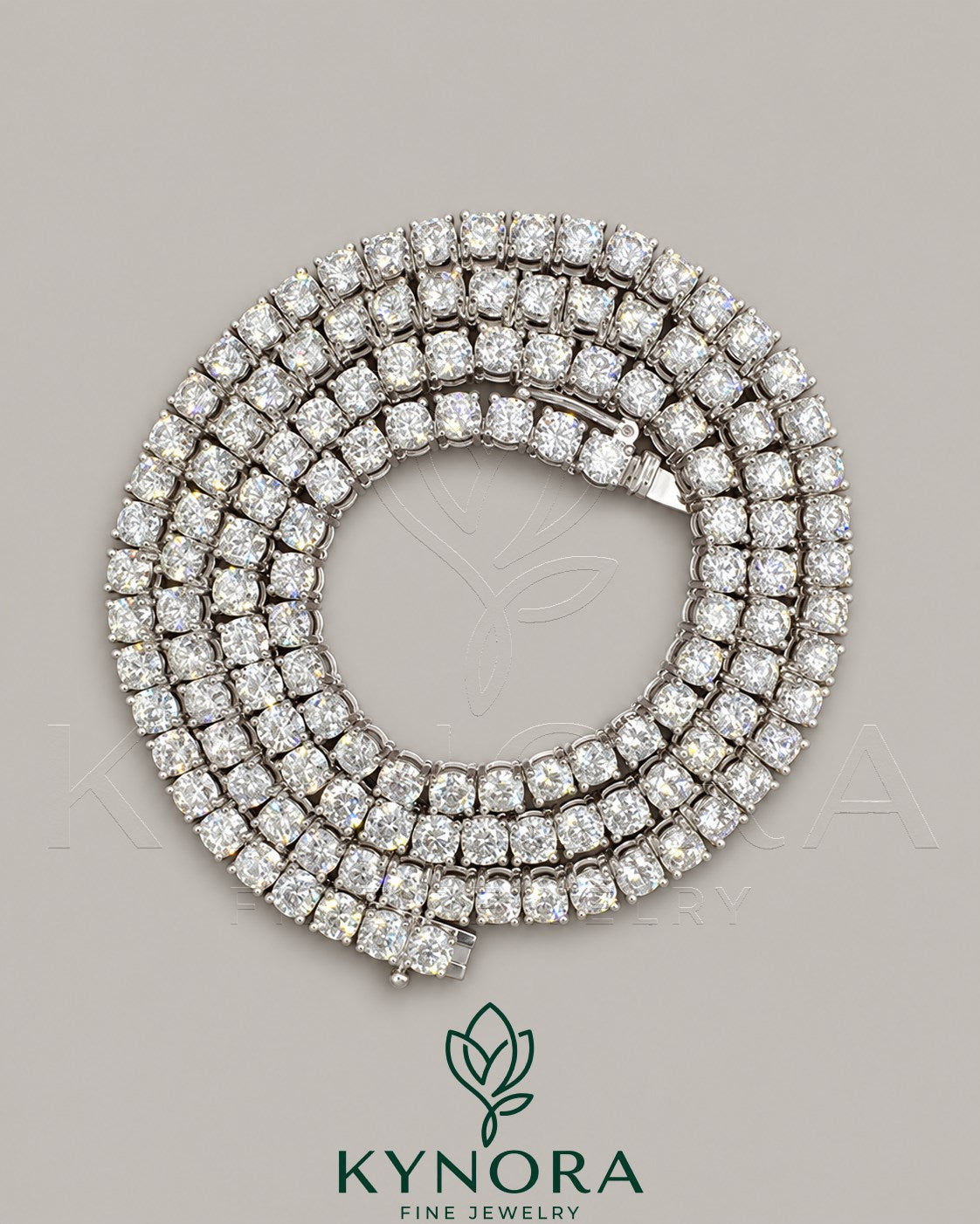 Sterling silver VVS moissanite diamond tennis chain by Kynora Jewels, 4mm hip-hop chain for men and women, sparkling jewelry accessory.